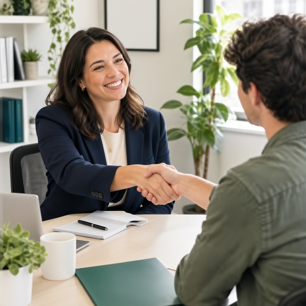 A recruiter shakes hands with a new candidate